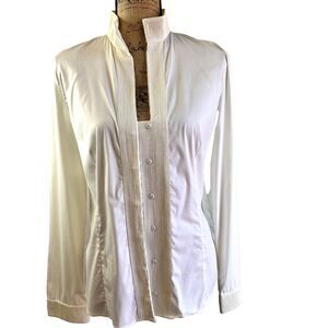 Akris Womens White Cotton Blend Pleated Front High Neck Collar Blouse Shirt Sz 8